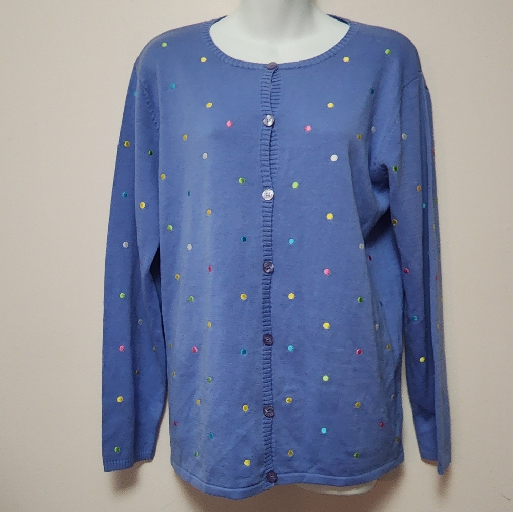 Quaker Factory Blue Button Down Cardigan Polka-dot Sweater XS NWT